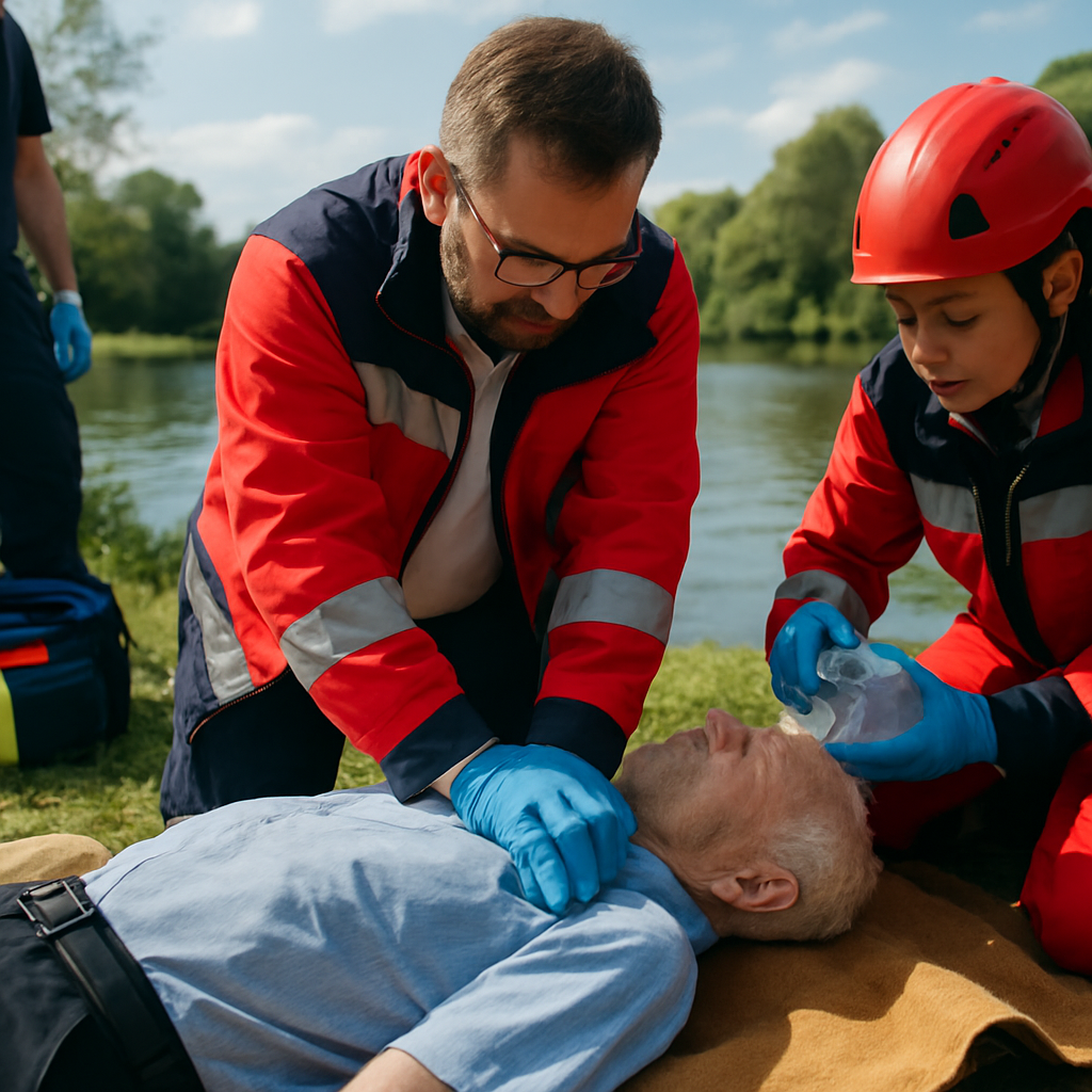 Mann erhält medizinische Wiederbelebung am Ufer