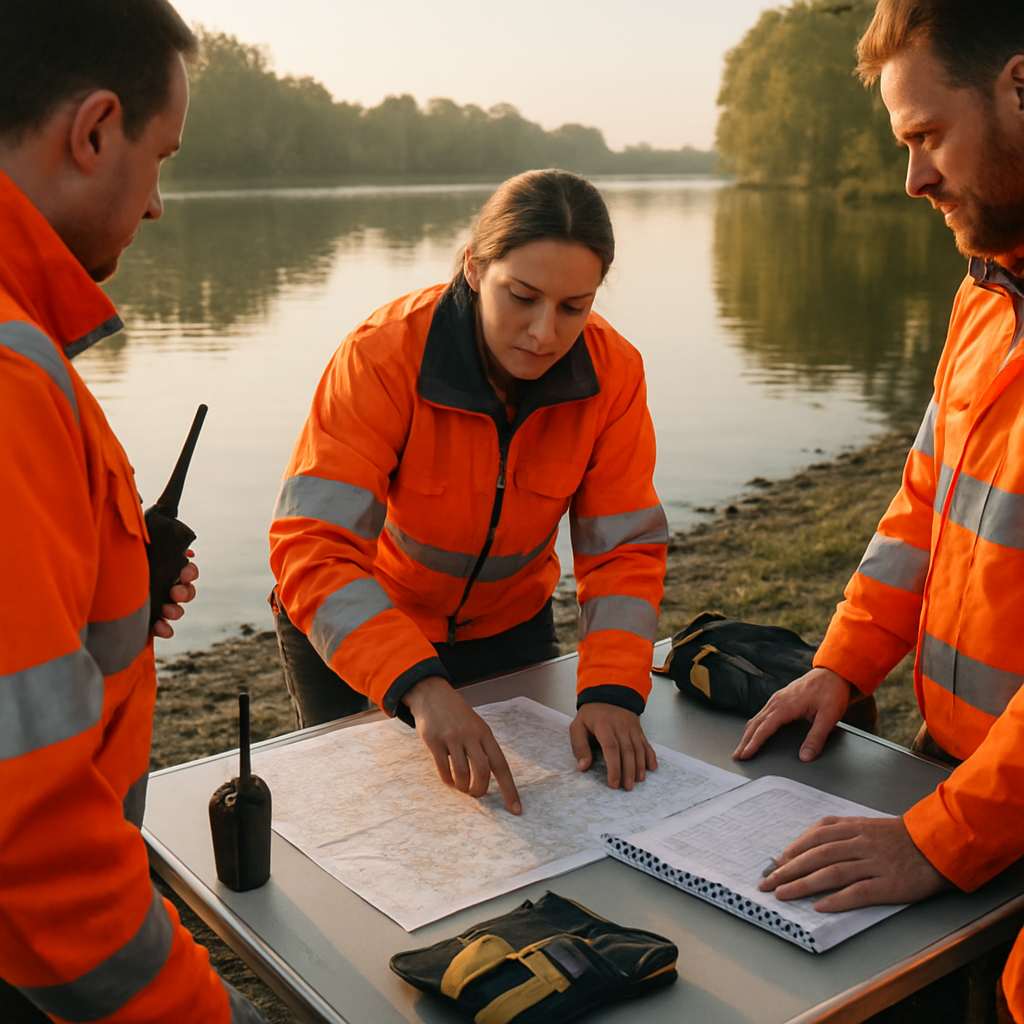 Helfer koordinieren Sicherheit und Logistik am Ufer