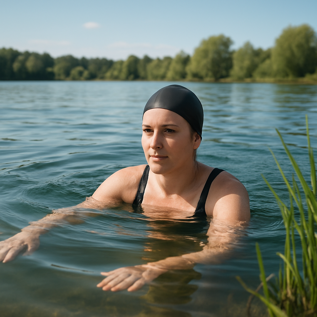 Schwimmerin verlässt vorsichtig das Seeufer.