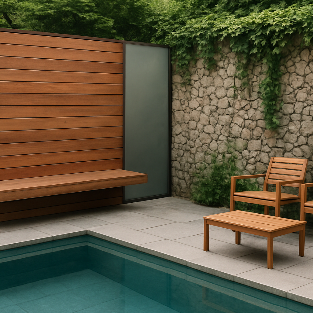 Holz- und Glasstrukturen rahmen den Pool dezent.