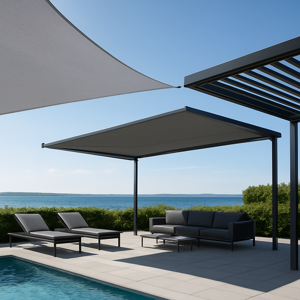 Sonnensegel, Markisen und Lamellendach über Terrasse sichtbar.