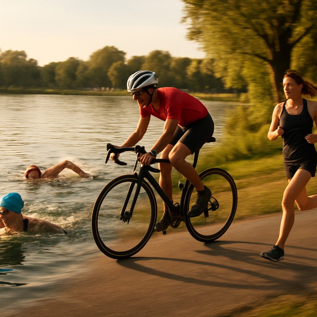 Dreiteiliges Rennen: Schwimmen, Radfahren, Laufen.