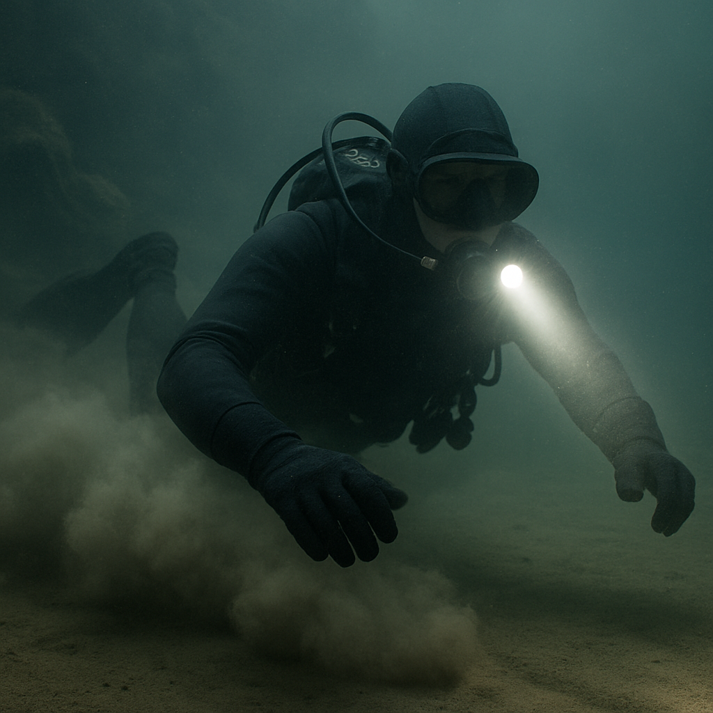Sedimente wirbeln um den Taucher herum, Sicht reduziert