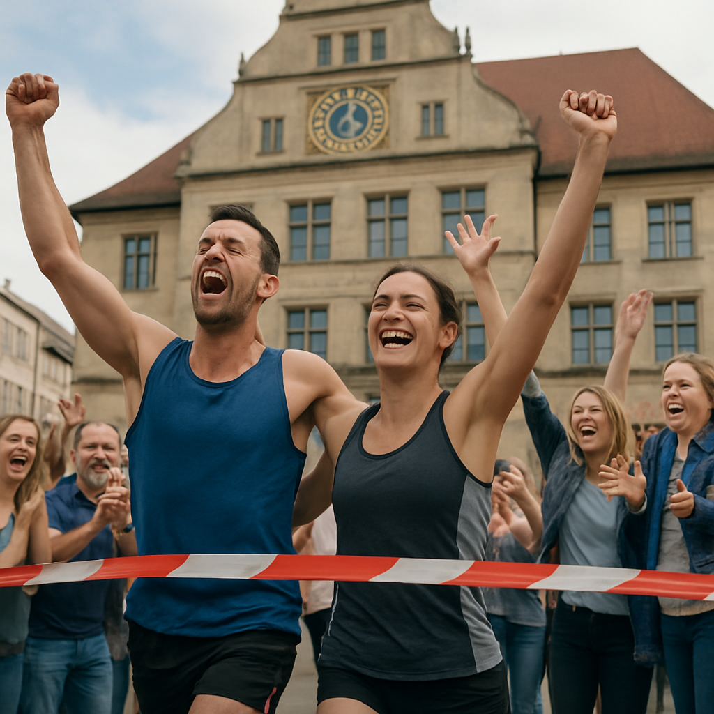 Zieleinlauf vor dem Rathaus: Triumph und Erschöpfung