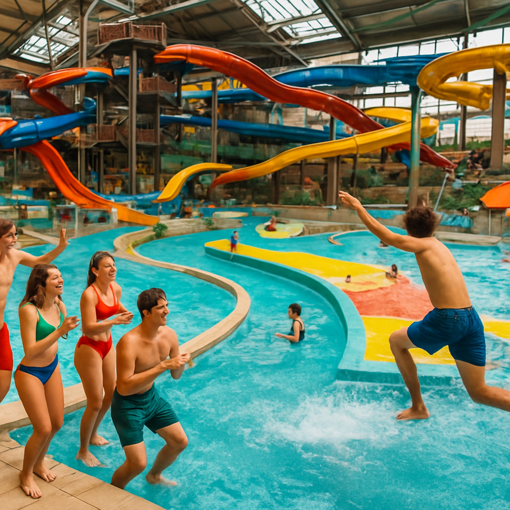 Teenager-Gruppe vor spektakulären Wasserrutschen heute