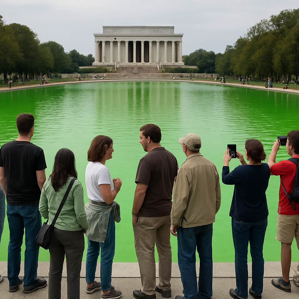 Anwohner und Touristen beobachten das grüne Becken.