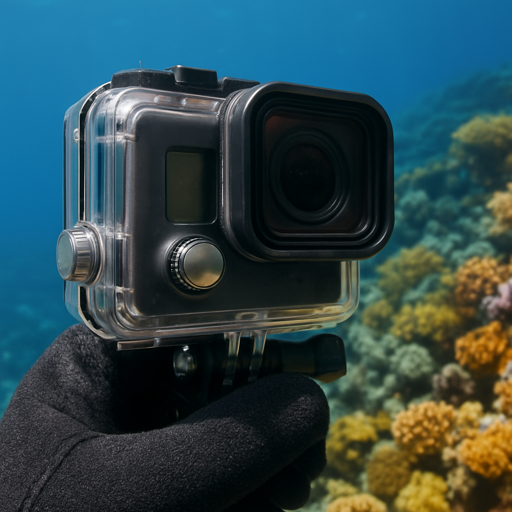 Nahaufnahme der GoPro beim Einstellen im Wasser