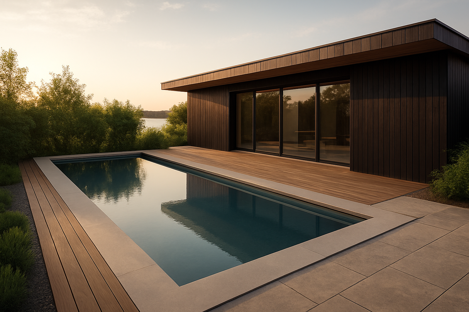 Pool im Japandi-Stil: 9 × 3 m Betonpool als Herzstück einer modernen Villa am Starnberger See