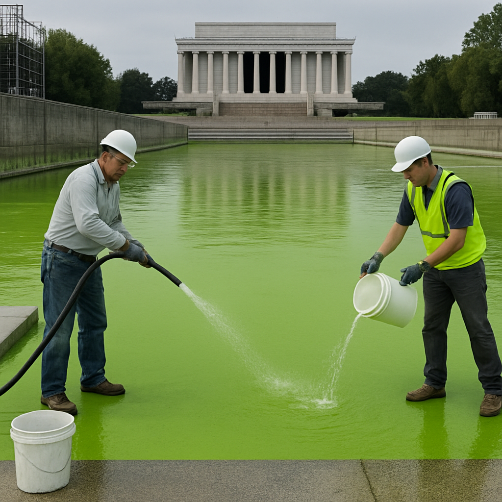 Grüne Algen bedecken sichtbar das Becken.