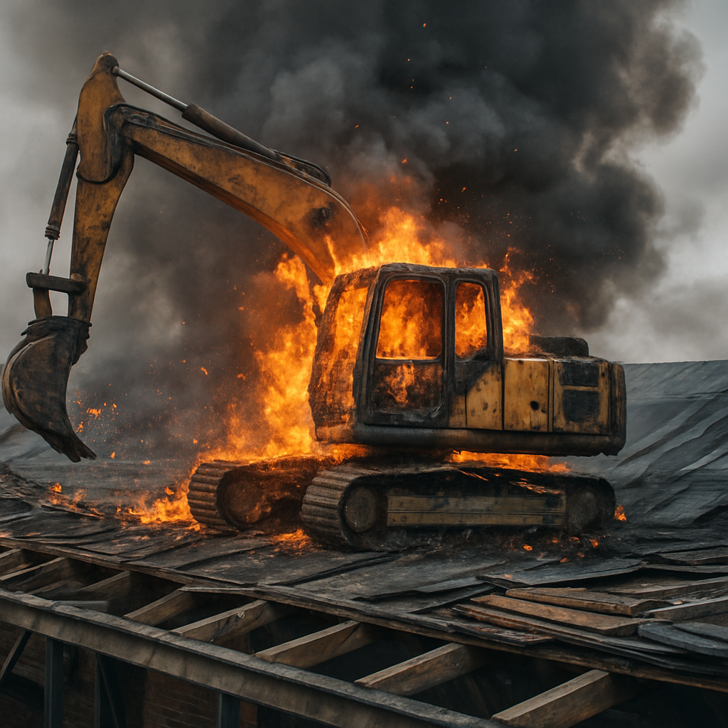 Nachtaufnahme der Brandstelle auf der Baustelle.