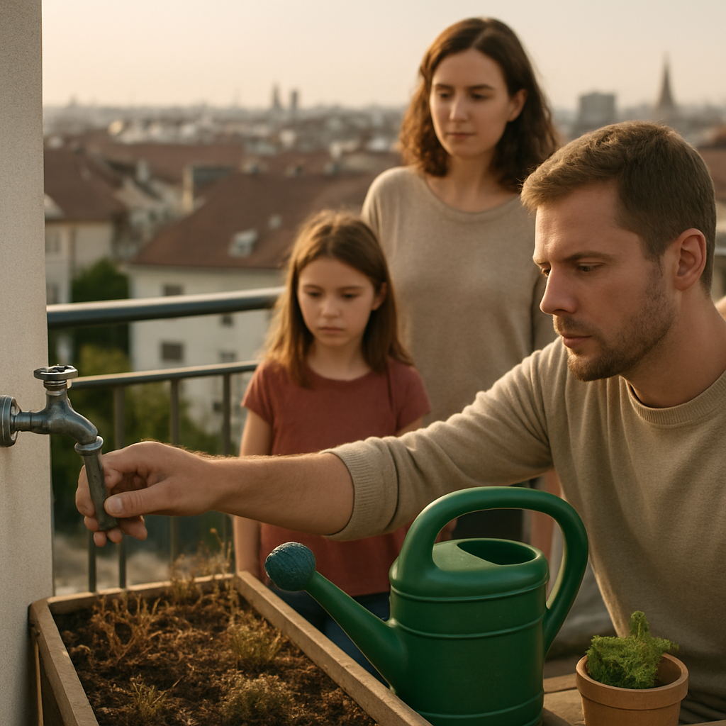 Familie spart Wasser beim Balkon-Gärtnern