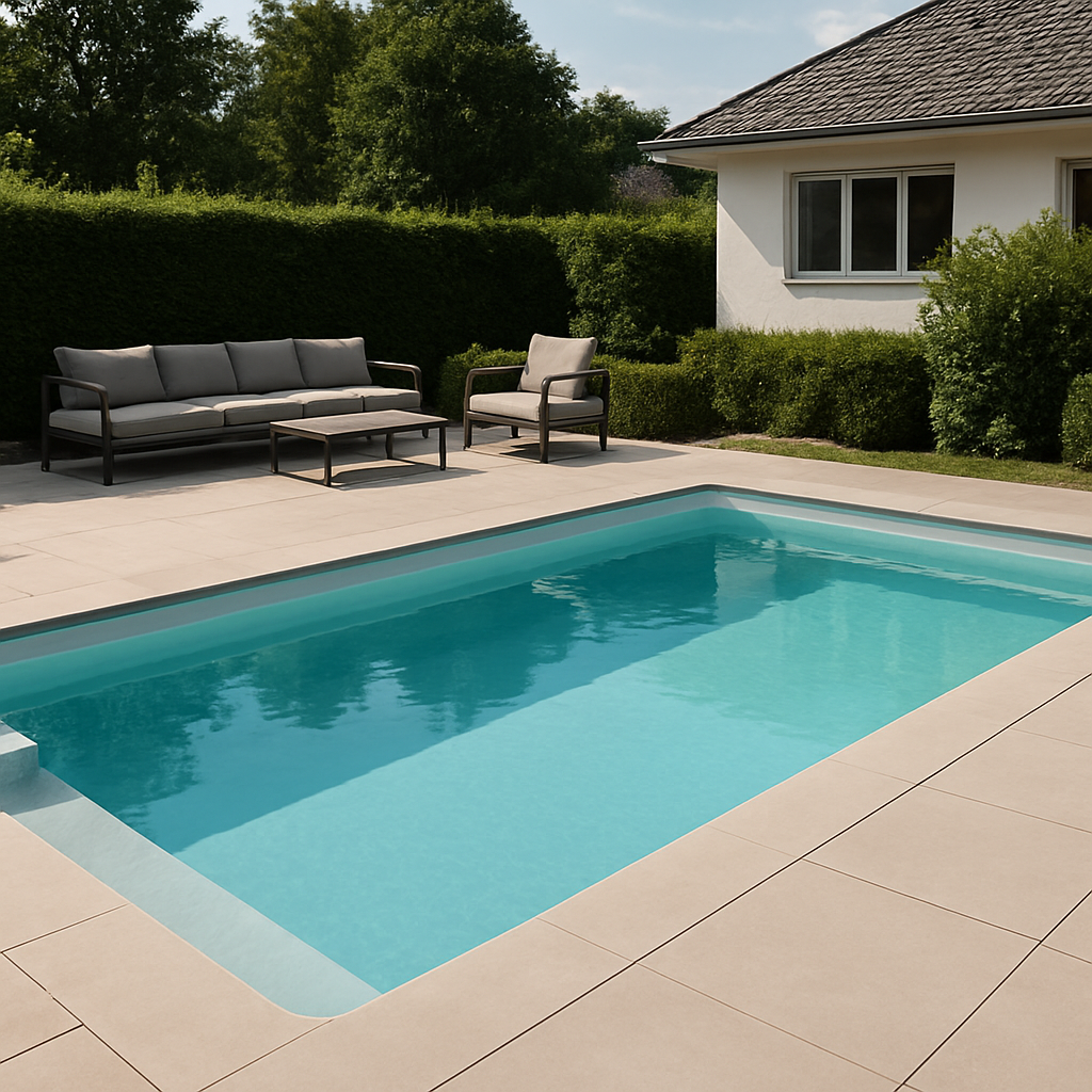Frontansicht des Aruba-Pools im Garten.