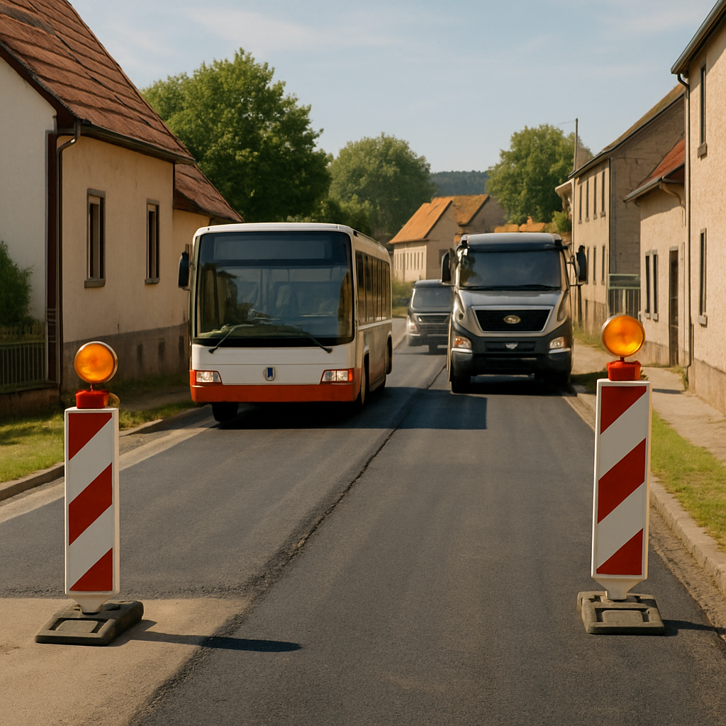Busse und Lkw im Kriechgang durch Gassen