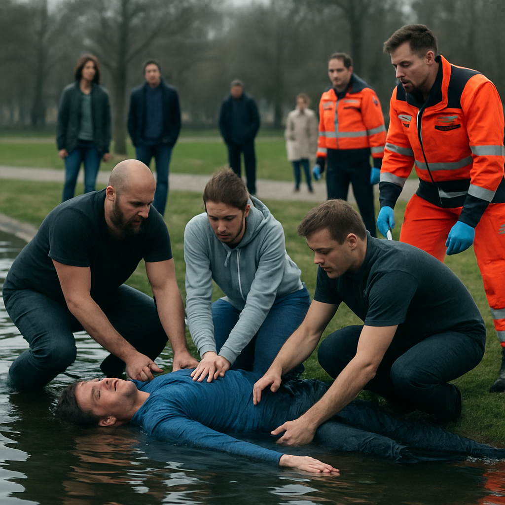 Zeugen ziehen regungslosen Mann aus dem Wasser