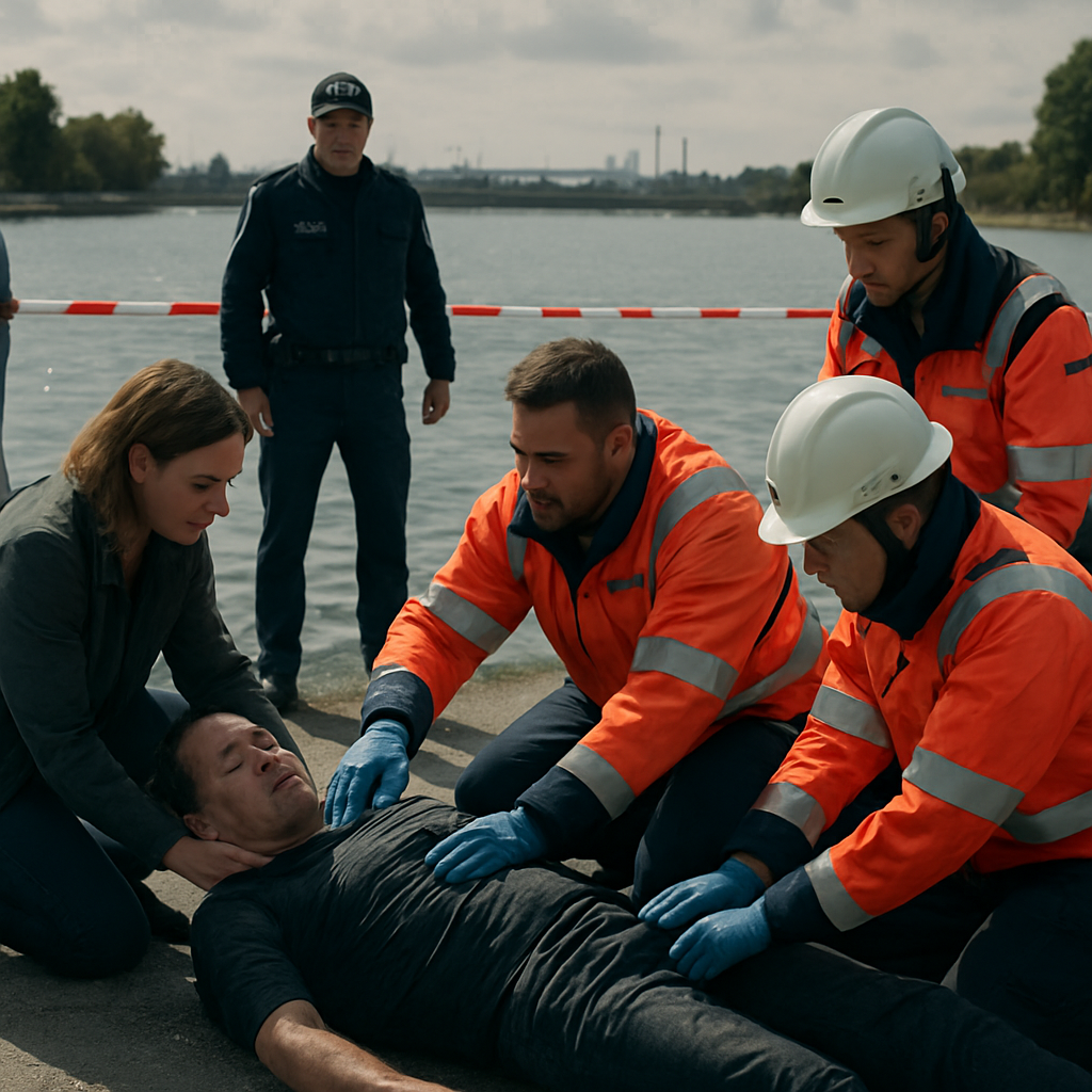 Hafen Tempelhof: regungslos treibender Mann am Ufer