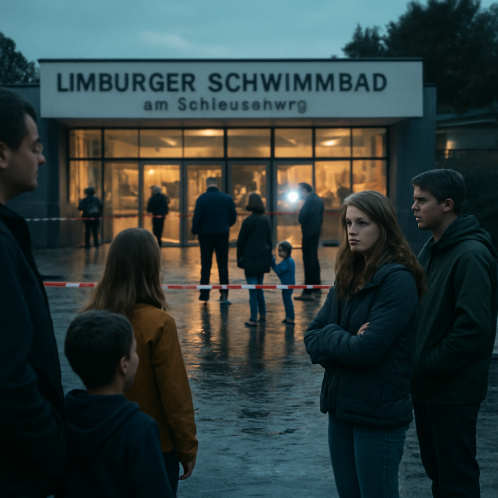 Szenenbild vor dem Limburger Schwimmbad am Abend