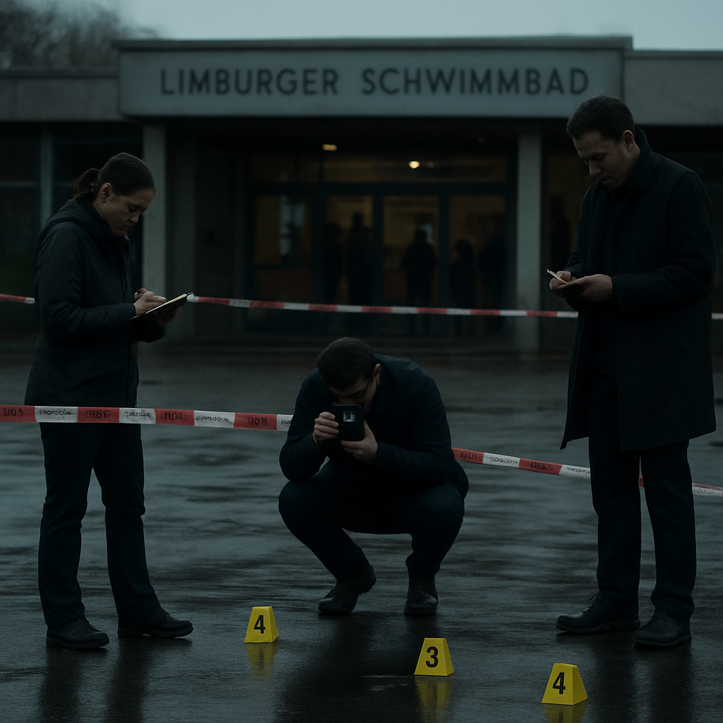 Beweisaufnahme am Tatort vor dem Schwimmbad