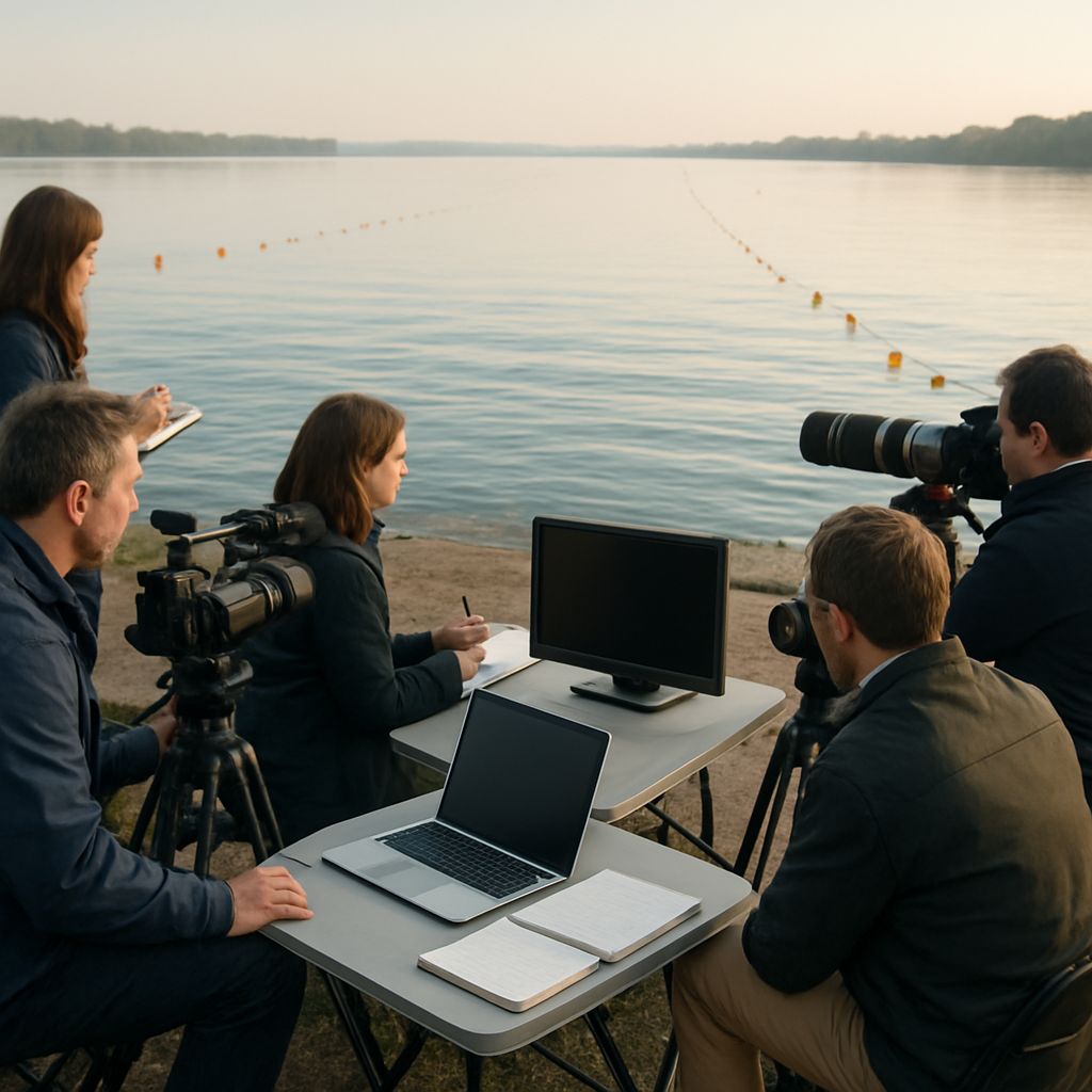 Editorial-Setup am Ufer während Startvorbereitung