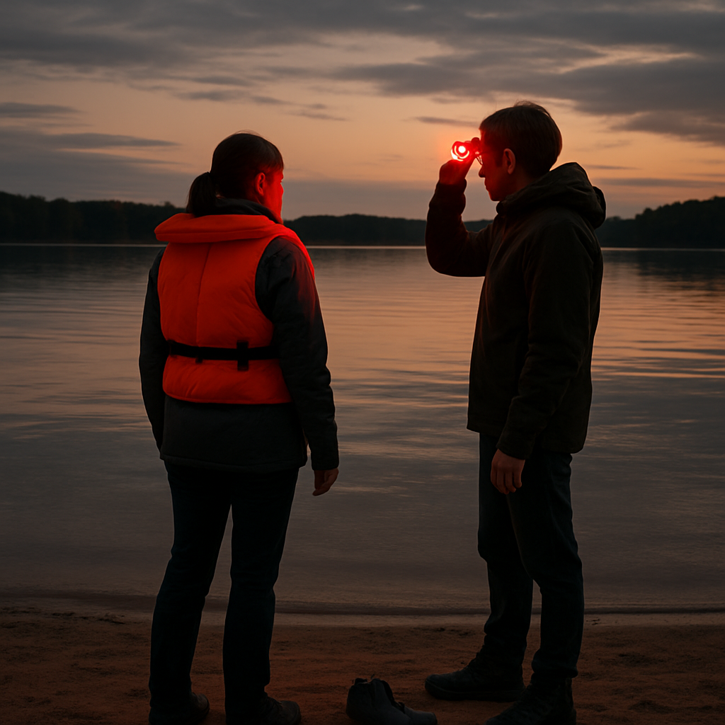 Sicheres Begleitmoment am Ufer in Dämmerung
