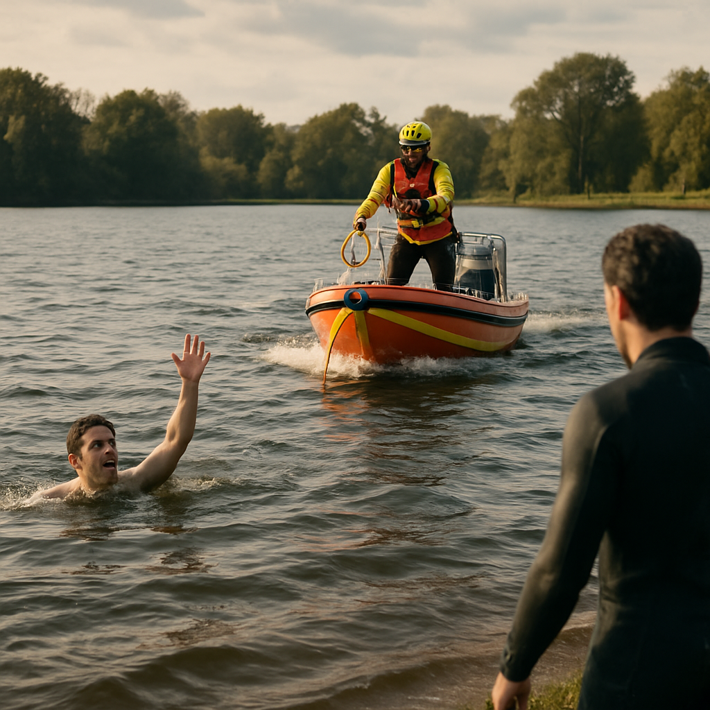 Schwimmer circa 150 m vom Ufer in Notlage